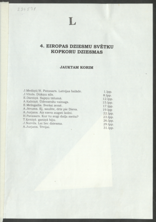 4. Eiropas dziesmu svētku kopkoru dziesmas : jauktam korim