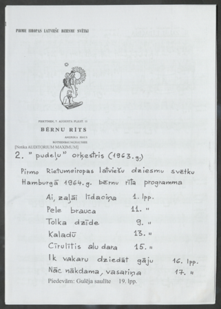 Bērnu rīts : Pirmo Rietumeiropas latviešu dziesmu svētku Hamburgā 1964. g. bērnu rīta programma : nošu materiāls