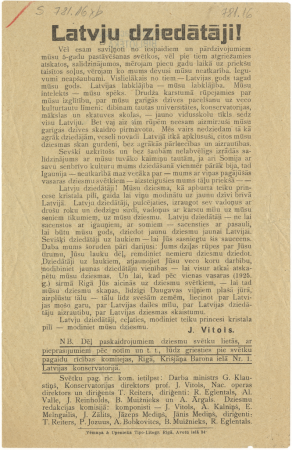 Latvju dziedātāji! : J. Vītola aicinājums Dziesmu svētku dalībniekiem