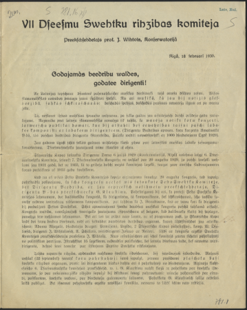 Godājamās biedrību valdes, godātie diriģenti! : VII Dziesmusavētku rīcības komiteja : [J. Vītola sagatavota informācija]