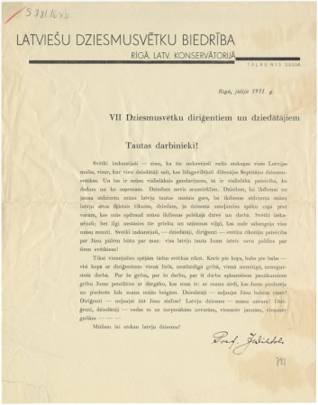 VII Dziesmusvētku diriģentiem un dziedātājiem : Latviešu dziesmusvētku biedrība : [J.Vītola sagatavots aicinājums pēc svētkiem]