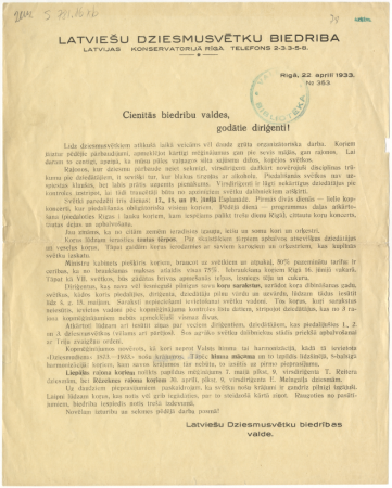 Cienītās biedrību valdes, godātie diriģenti! : Latviešu Dziesmusvētku biedrība : [biedrības valdes sagatavota informācija]