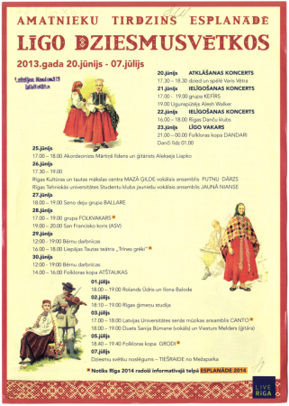 Amatnieku tirdziņš Esplanādē Līgo dziesmusvētkos. 2013. gada 20. jūnijs - 07. jūlijs : [programma]