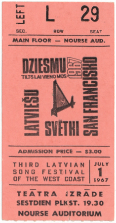 Teātra izrādes biļete no 3. ASV Rietumkrasta latviešu dziesmu svētkiem Sanfrancisko, 1967. gadā : [biļete]