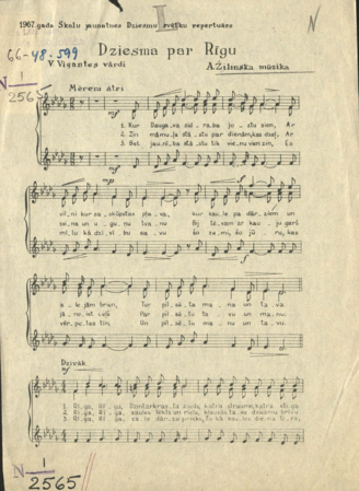 Dziesma par Rīgu / A. Žilinska mūzika ; V. Vīgantes vārdi. Trīcēj' kalni, skanēj' meži / J. Graubiņš