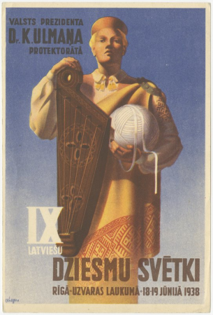IX latviešu Dziesmu svētki. Valsts prezidenta Dr. K.Ulmaņa protektorātā. Rīgā, Uzvaras laukumā 18.-19.jūnijā 1938
