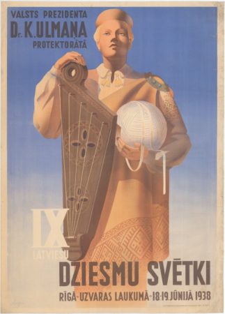 IX latviešu Dziesmu svētki. Valsts prezidenta Dr. K.Ulmaņa protektorātā. Rīgā, Uzvaras laukumā 18.-19.jūnijā 1938 [attēls]