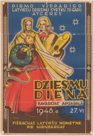 Pirmo Vispārīgo latviešu Dziesmu svētku 75 gadu atceres Dziesmu diena Bavārijas apgabalā 1948.g. 27.VI: Fišbachas latviešu nometne pie Nirnbergas [attēls]