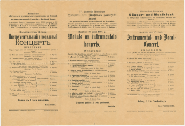 IV. Latweeschu Wispahrigee Dseesmu un Musikas Swehtki Jelgawā [..] Swehtdeen, 18. junijā 1895. g.: Wokals un instrumentals konzerts. Programa