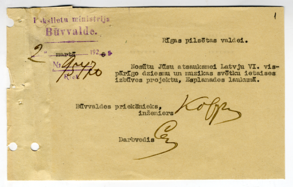 Universitātes un skolu slidotavas Rīgā, Esplanādes laukumā projekts un sarakste par Latvijas 6. vispārējo dziesmu un mūzikas svētku estrādes būvprojektu. 15. Maija svinību estrādes Daugavmalā, iepretī pilij, būvprojekts