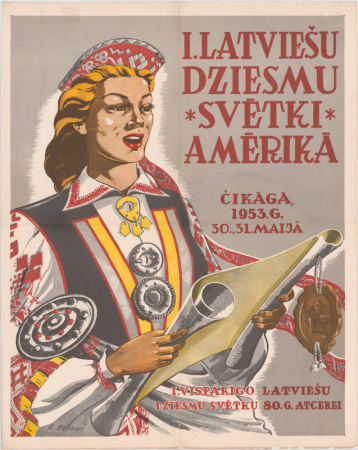 I. latviešu Dziesmu svētki Amerikā Čikāgā, 1953. g. 30., 31. maijā [attēls]. I. Vispārīgo latviešu dziesmu svētku 80. g. atcerei