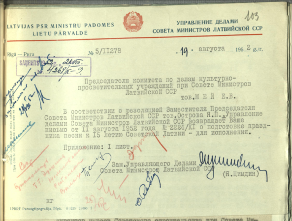 Sarakste ar Latvijas PSR Ministru Padomi par Rīgas kultūras izglītības darbinieku tehnikuma, muzeja u.c. kultūrizglītības iestāžu darbu, Padomju Latvijas III Dziesmu svētku estrādes būvi, pašdarbības skates organizēšanu u.c.