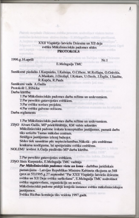 22. Vispārējo latviešu dziesmu un 12. deju svētku mākslinieciskās padomes protokoli Nr. 1–5