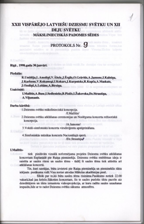 22. Vispārējo latviešu dziesmu un 12. deju svētku mākslinieciskās padomes protokoli Nr. 9–13