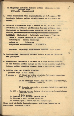 Dokumenti par 20. Dziesmu un 10. Deju svētku organizāciju (protokoli, sarakste, koru saraksti)