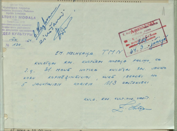 Sarakste ar Kultūras nodaļām par gatavošanos 1965. gada Dziesmu svētkiem