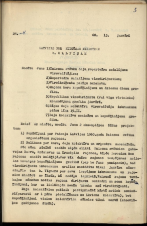 Sarakste ar Latvijas PSR Kultūras ministriju repertuāru, darba uzlabošanas, gatavošanās dziesmu svētkiem u.c. jautājumos