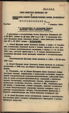 Dokumenti par gatavošanos Dziesmusvētkiem (lēmumu kopijas un projekti, pasākumu plāns, sarakste)