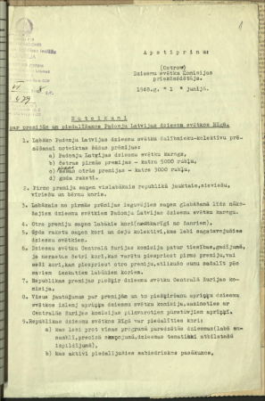 Lēmumi un noteikumi par gatavošanos Latvijas PSR dziesmu svētkiem 1947./48. g.; Atsauksmes presē (laikraksts "Cīņa" 1948. g. 22.07)
