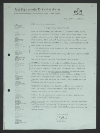 Latviešu apvienības Austrālijā un Jaunzēlandē Kultūras daļas vadības sarakste ar Austrālijas latviešu Kultūras dienu rīkotājiem, Rīcības komitejas sēžu protokoli