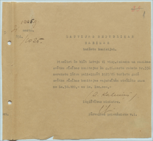 Latvju VI Vispārējo dziesmu un mūzikas svētku rīcības komitejas raksti Izglītības ministram par dziesmu svētku organizēšanu