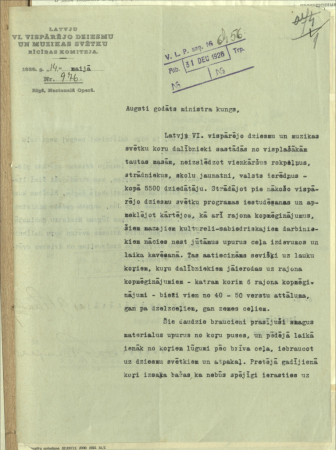 Latvju VI Vispārējo latviešu dziesmu un mūzikas svētku rīcības komitejas raksti Izglītības ministram par dziesmu svētku organizēšanu