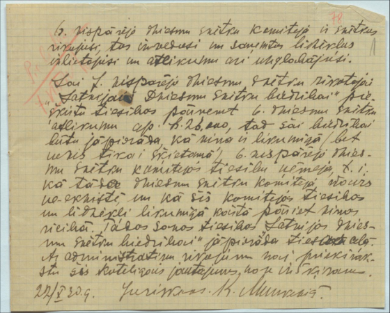 Sarakste ar Latviešu dziesmu svētku biedrību par VI Vispārējo dziesmu svētku naudas atlikumu pārņemšanu