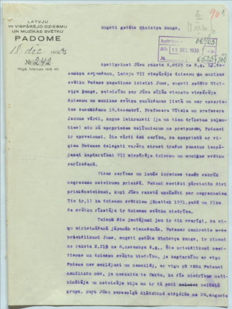 Sarakste ar Latvju VII Vispārējo dziesmu un mūzikas svētku padomi, Latviešu dziesmu svētku biedrību u.c. par dziesmu svētku sagatavošanu