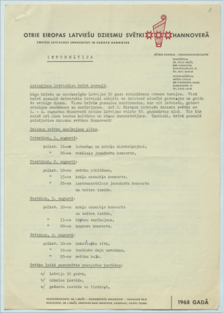2. Eiropas latviešu dziesmu svētku rīcības komitejas ielūgums Latvijas pilnvarotajam pārstāvim A. Spekkem uz Hanoveres dziesmu svētkiem. Programmas, raksti avīzēs
