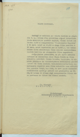 Sarakste ar Valsts kontroli par ceļojošo skaņu filmas izrādes maršrutu un Dziesmu svētku sarīkošanu