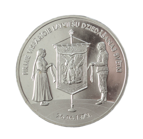 I Vispārējiem latviešu dziesmu svētkiem veltītā sudraba viena lata monēta