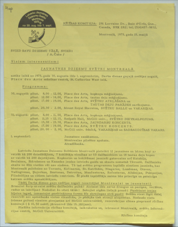 Latviešu Jaunatnes Dziesmu Svētki Montreālā 1975.g. no 30.aug. līdz 1.sept.