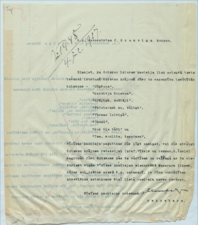 Vēstule komponistam Jēkabam Graubiņam no Rīcības komitejas