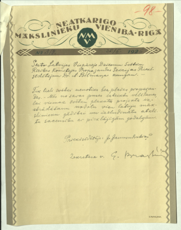 Sesto Latvijas Vispārējo Dziesmu Svētku Rīcības Komitejas Propagandas Sekcijas Priekšsēdētājam Dr. A. Bīlmaņa kungam