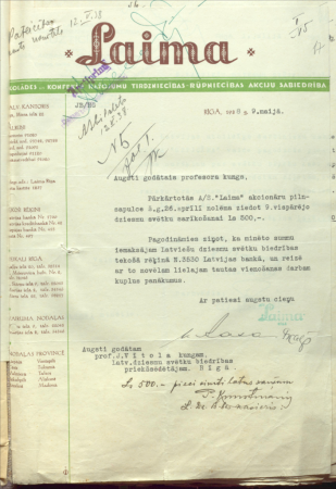 Vēstule Jāzepam Vītolam no A/S "Laima"