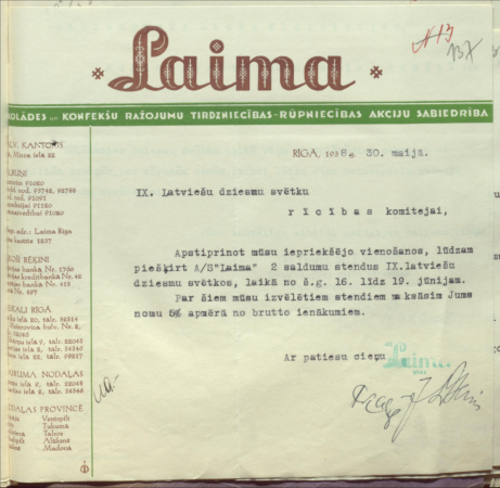 Vēstule 9. Vispārējo latviešu dziesmu svētku Rīcības komitejai no A/S "Laima"