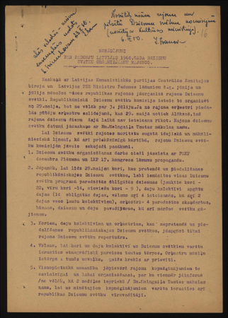 Norādījumi par Padomju Latvijas 1960.gada Dziesmu svētku organizēšanu rajonos