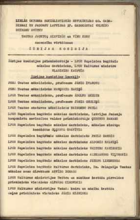 Lielās oktobra sociālistiskās revolūcijas 60.gadadienai un Padomju Latvijas 37.gadskārtai veltīto Dziesmu svētku tautas jaukto sieviešu un vīru korusacensību vērtēšanas žūrijas komisija