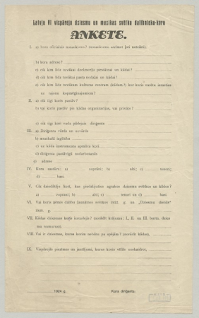 VI Latvju vispārējo dziesmu un mūzikas svētku dalībnieku - koru aptaujas anketas veidlapa