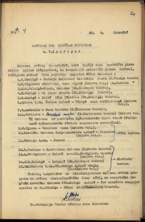 E. Melngaiļa Tautas mākslas nama direktora V. Breģa sarakste ar Latvijas PSR Kultūras ministru V. Kalpiņu