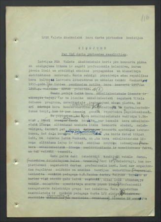 LPSR Valsts Akadēmiskā kora darba pārbaudes komisijas ziņojums par VAK darba pārbaudes rezultātiem