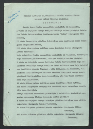 Padomju Latvijas 20.gadadienai veltīto republikānisko Dziesmu svētku žūrijas komisijas protokols