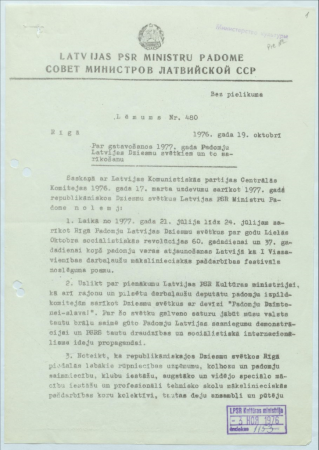Lēmums Nr.480 Rīgā 1976.gada 19.oktobrī par gatavošanos 1977.gada Padomju Latvijas Dziesmu svētkiem un to sarīkošanu