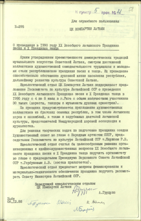 Pielikums LKP CK biroja sēžu protokoliem par 20. Vispārējiem latviešu dziesmu svētkiem un 10. latviešu deju svētkiem