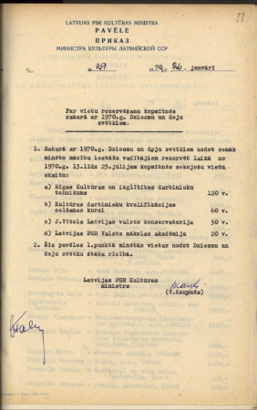 Latvijas PSR Kultūras ministra pavēle Nr.29 1970.g. 26.janvārī par vietu rezervēšanu kopmītnēs sakarā ar 1970.g. Dziesmu un deju svētkiem