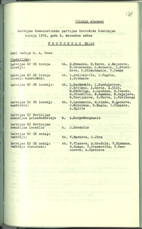Latvijas Komunistiskās partijas Centrālās Komitejas biroja 1978.gada 6.decembra sēdes protokols Nr.64