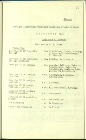 Fragments no Latvijas Kompartijas Centrālās Komitejas Prezidija sēdes protokola Nr.6