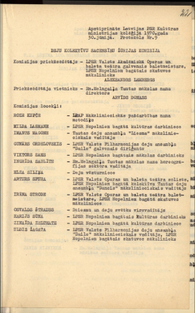 Apstiprināts Latvijas PSR Kultūras ministrijas kolēģijā 1970.gada 30.jūnijā. Protokols Nr.9.