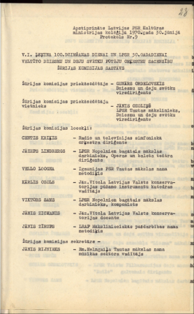 Apstiprināts Latvijas PSR Kultūras ministrijas kolēģijā 1970.gada 30.jūnijā Protokols Nr.9