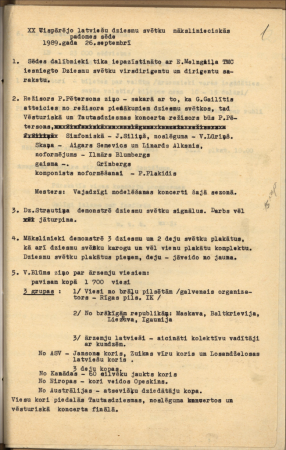 XX Vispārējo latviešu dziesmu svētku mākslinieciskās padomes sēde 1989.gada 26.septembrī